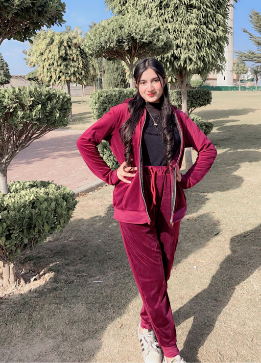 Maroon Velvet Hoodie Co-Ord Set